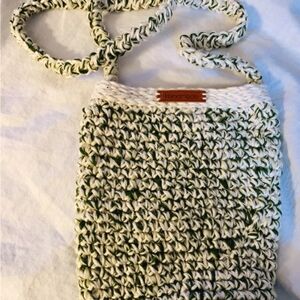 Crossbody Bag Dark Sage Green and White/Beige with Long Strap handmade crochet